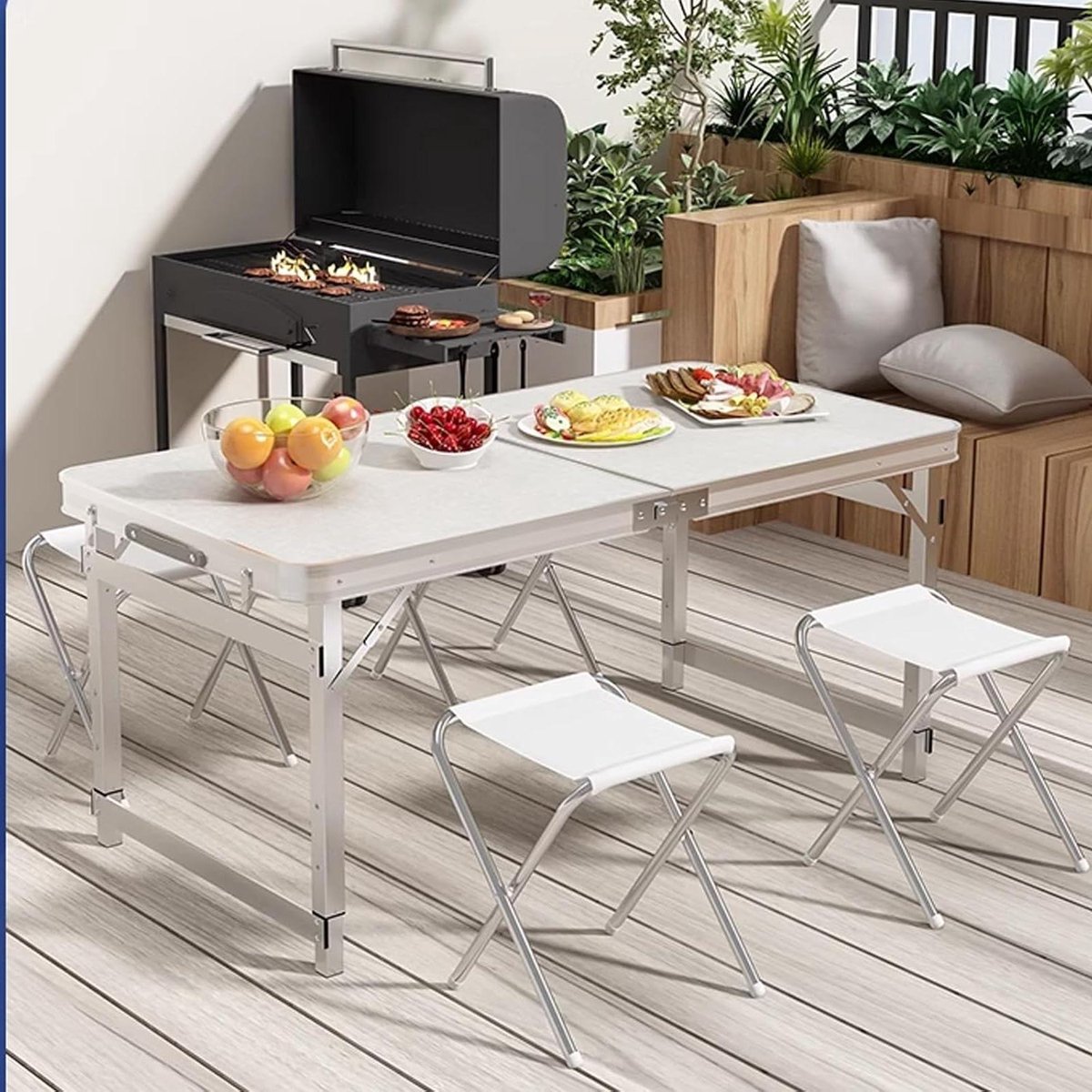 Opvouwbare Campingtafel - Picknicktafel Krukken - Buiten Bijeenkomsten - In Hoogte Verstelbaar - 120x60cm - Wit