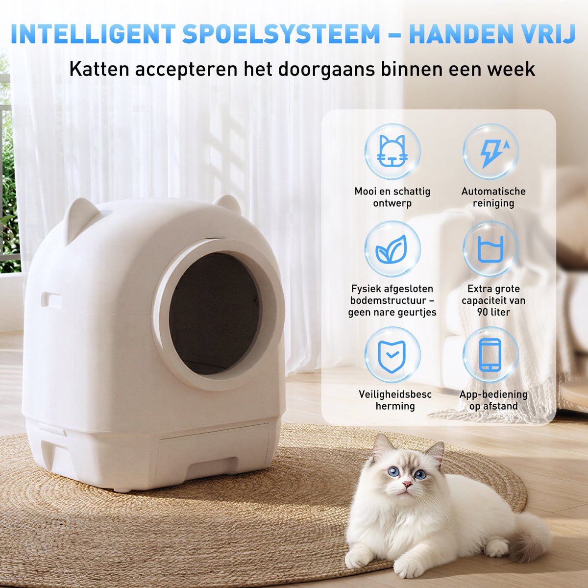 Devoko Automatische Kattenbak XXXL- Zelfreinigende Kattenbak 90L-Ondersteunt bediening via app - Langdurige geurcontrole -Uitgerust met een veiligheidssensor - Wit thumbnail 5