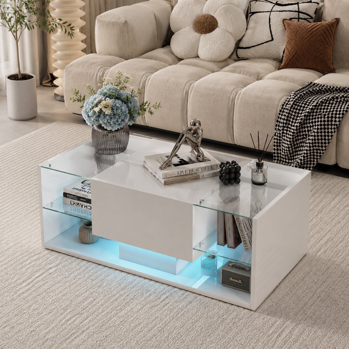 Salontafel Glanzende - met hangende led-lichtstrip - salontafels met open schap en lades - Moderne woonkamertafels met opbergruimte - Rechthoekige - 100x50x35cm - Wit