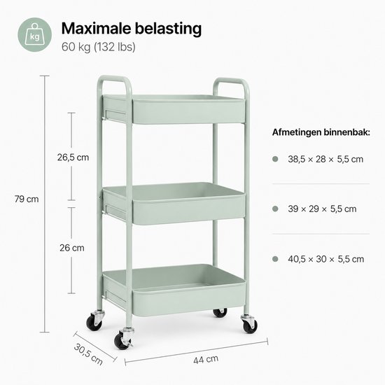 Dimensions et charge maximale (60 kg) du chariot de cuisine vert menthe à trois niveaux.
