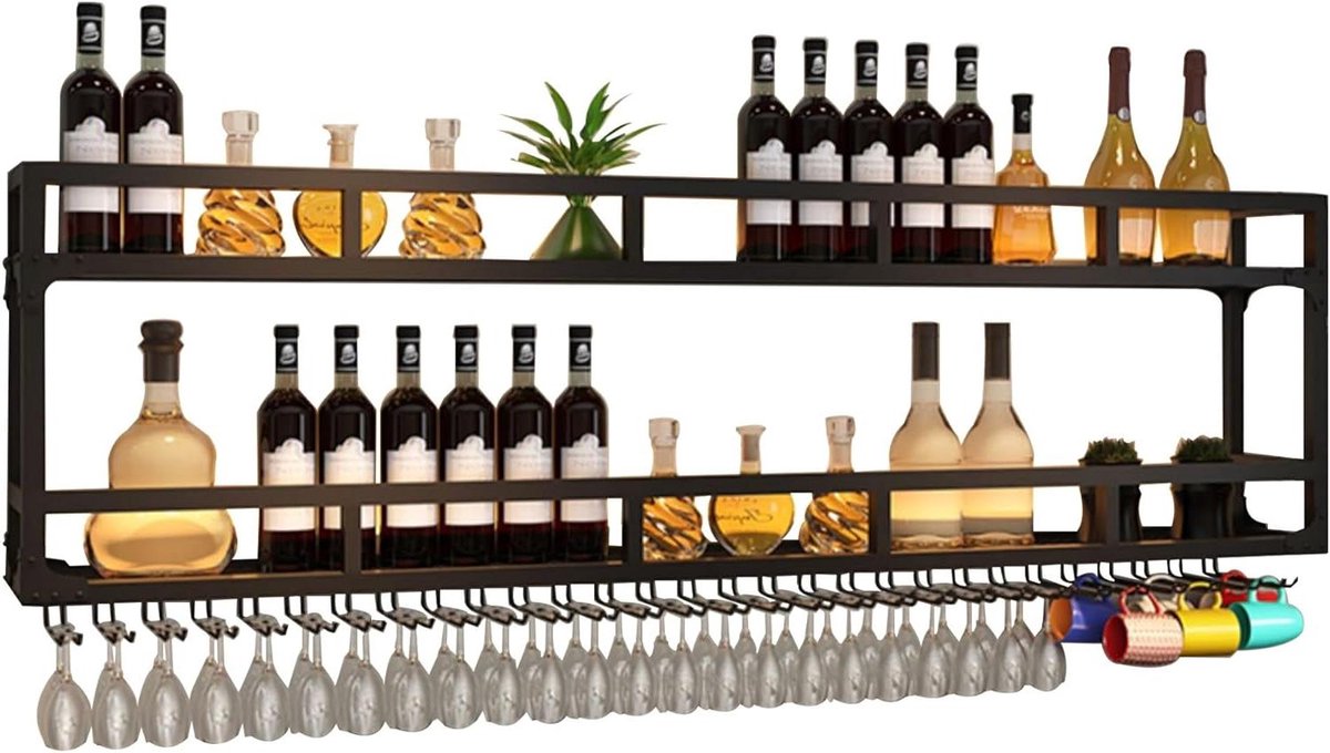 Drijvend Wijnrek - Wijnkast Bar - Drank Presenteren - Met LED Licht - Wandmontage - Zwart