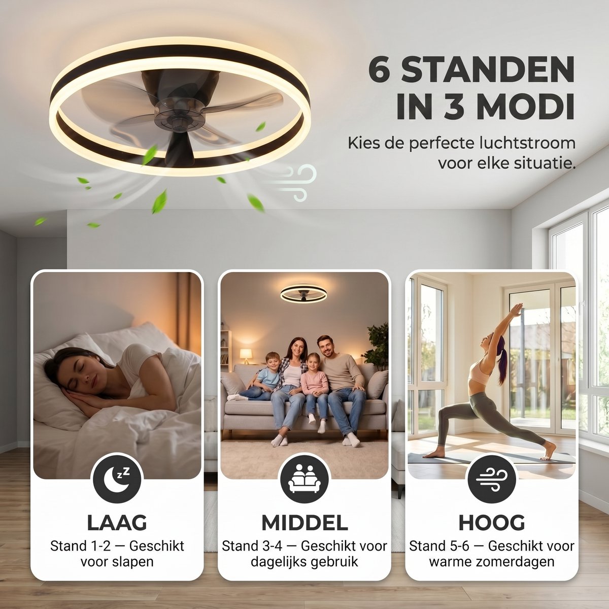Plafondventilator met verlichting - Zwart - LED Ring 32W - Ø 50cm - Fluisterstil - App & Afstandsbediening - Dimbaar - Plafondlamp woonkamer - Plafonniere slaapkamer - Plafondlampen - Ventilator plafond thumbnail 4