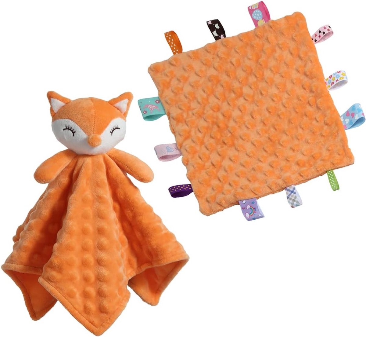 Zachte Knuffeldeken met Dierlijk Gezicht voor Jongens en Meisjes, Perfecte Cadeaus voor Verjaardagen en Babyshowers (Schattige Oranje Vos met 24,5 x 24,5 cm Taggies)