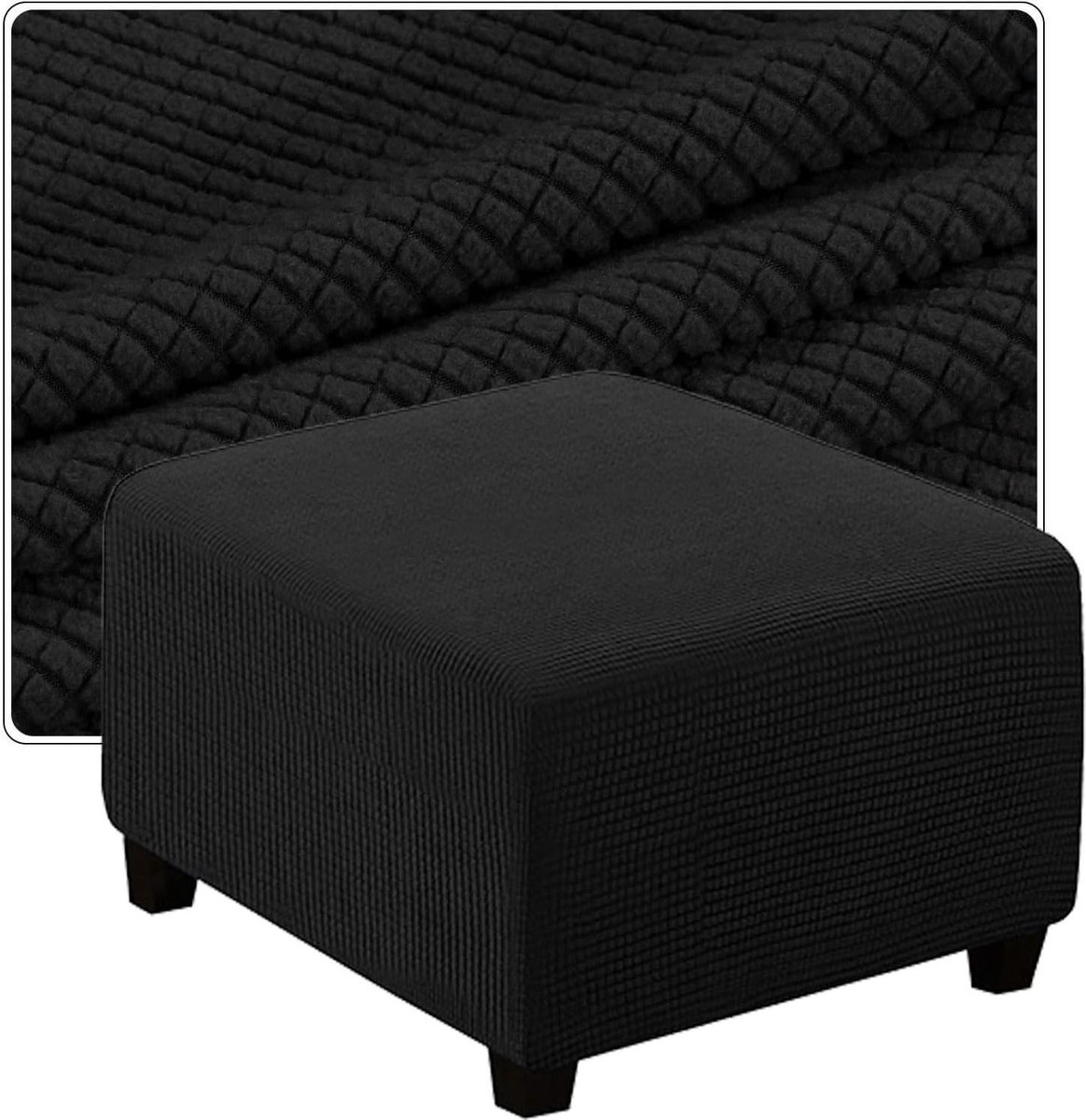 Poef Hoes - Beschermhoes Voetenbank - Interieur Vernieuwen - Rekbaar Jacquard Materiaal - 35x35 tot 110x110 - Zwart