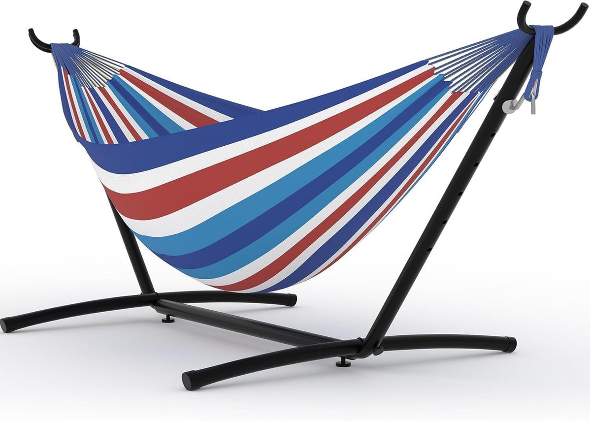 Dubbele Hangmat met Standaard - 2-Persoons Hangmat - Verstelbaar & Draagbaar - Max. 160 kg - Inclusief Draagtas - Voor Binnen en Buiten - Gestreept - Blauw/wit