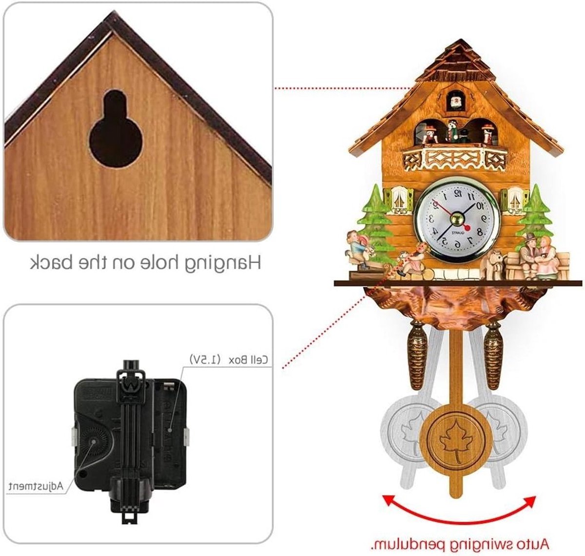 Antieke Houten Koekoeksklok met Automatische Pendel en Vogelgeluiden voor Wanddecoratie in