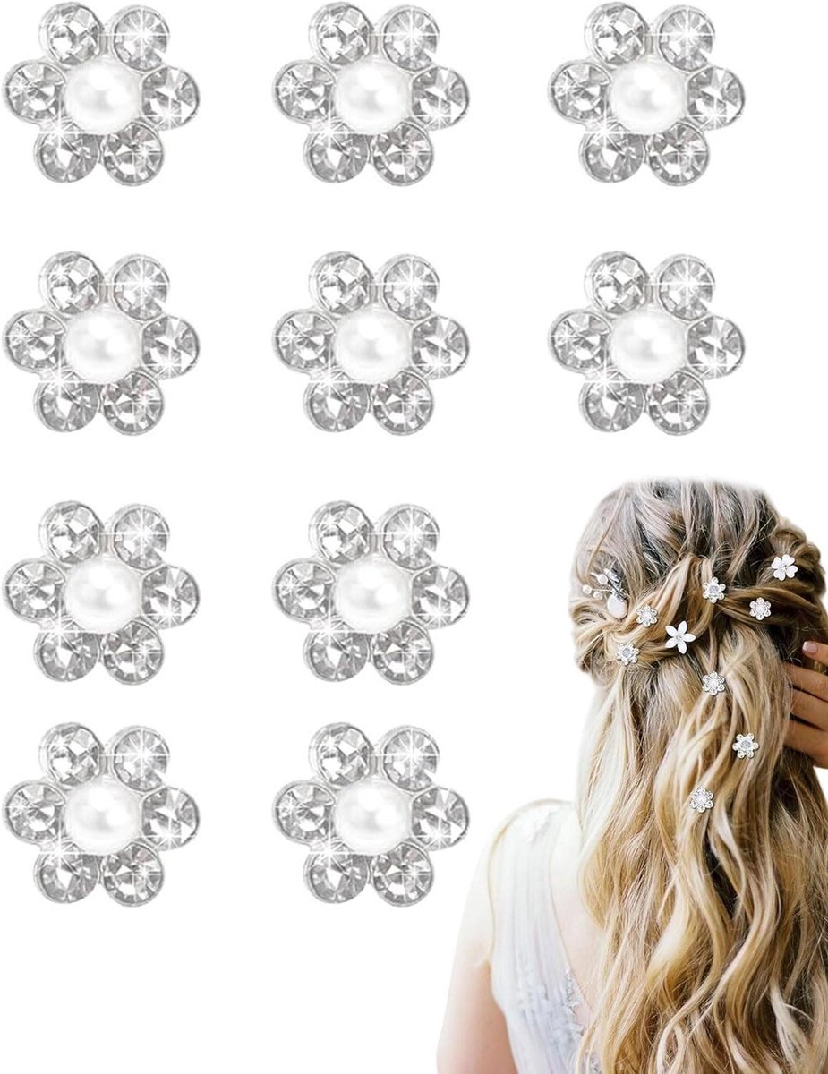 Haarspelden Set - Parels Strass - Feestelijk Kapsel - Bloemvorm Decoratie - 10 Stuks - Wit