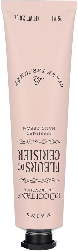 L'Occitane handcrème in een zachtroze tube met "Fleurs de Cerisier" en "Crème Parfume" tekst.