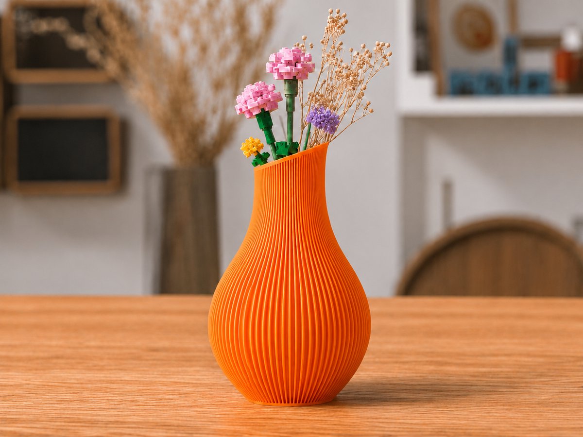 Moderne Organische Design Vaas – Decoratieve Bloemenvaas voor Droogbloemen & Botanical Bloemsets – Ribbel Design – Minimalistische Woondecoratie – Oranje – 17,9 CM - Skushy