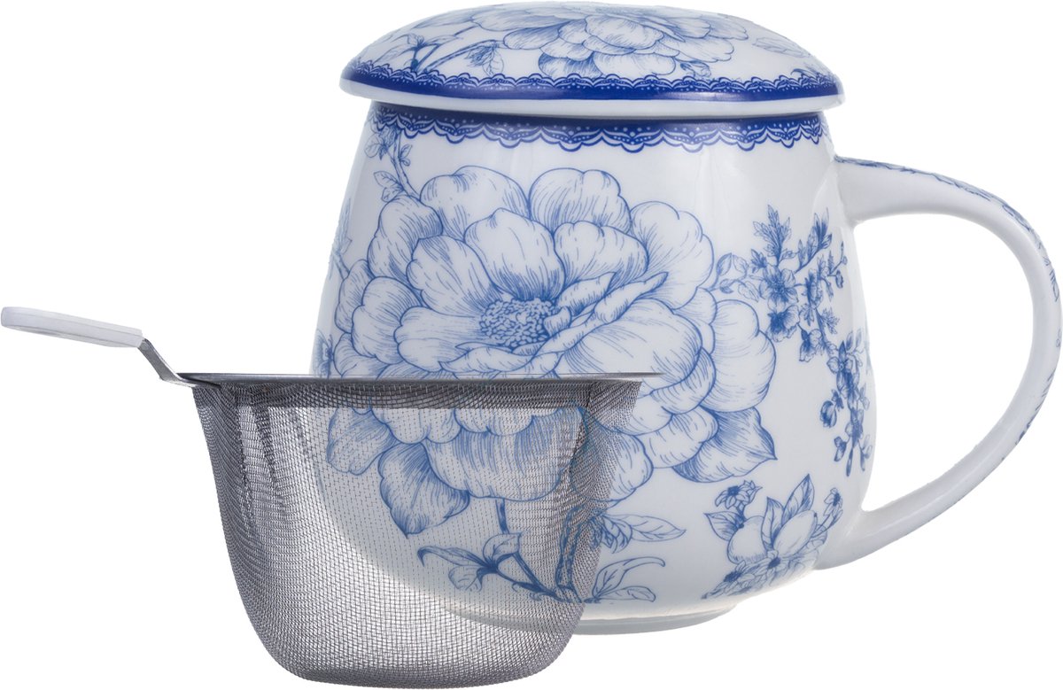 Porseleinen Theemok met Infuser & Deksel - Blauwe Roos 450ml