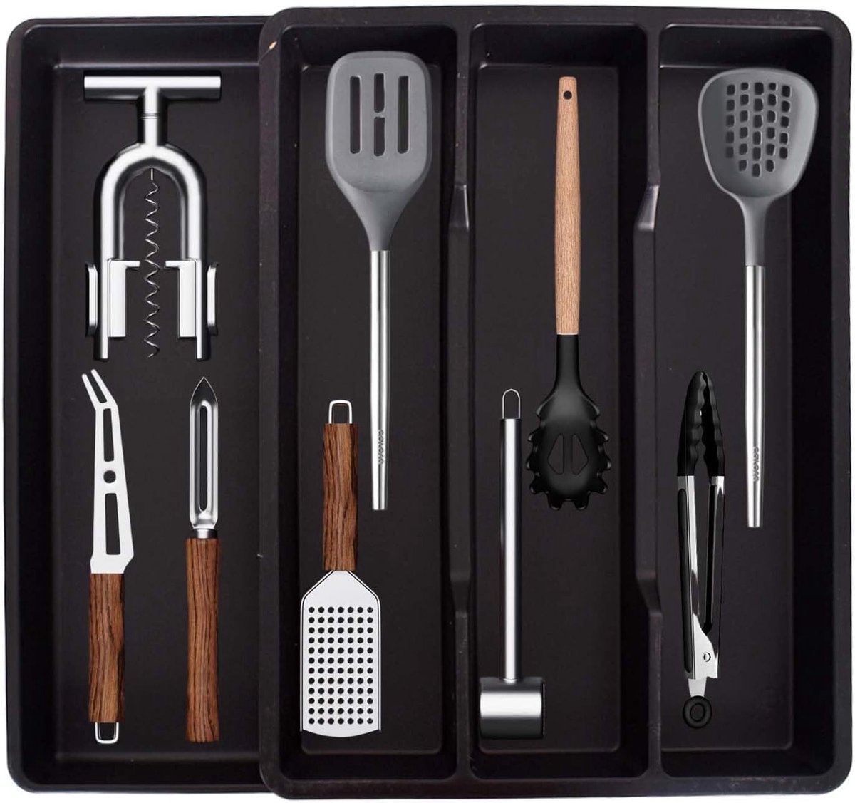 Verstelbare Bestekhouder van BPA-vrij Plastic, Uittrekbare Besteklade Organizer voor Keukenbenodigdheden, Flexibele Inzet voor Lades tot 43 cm (Zwart)