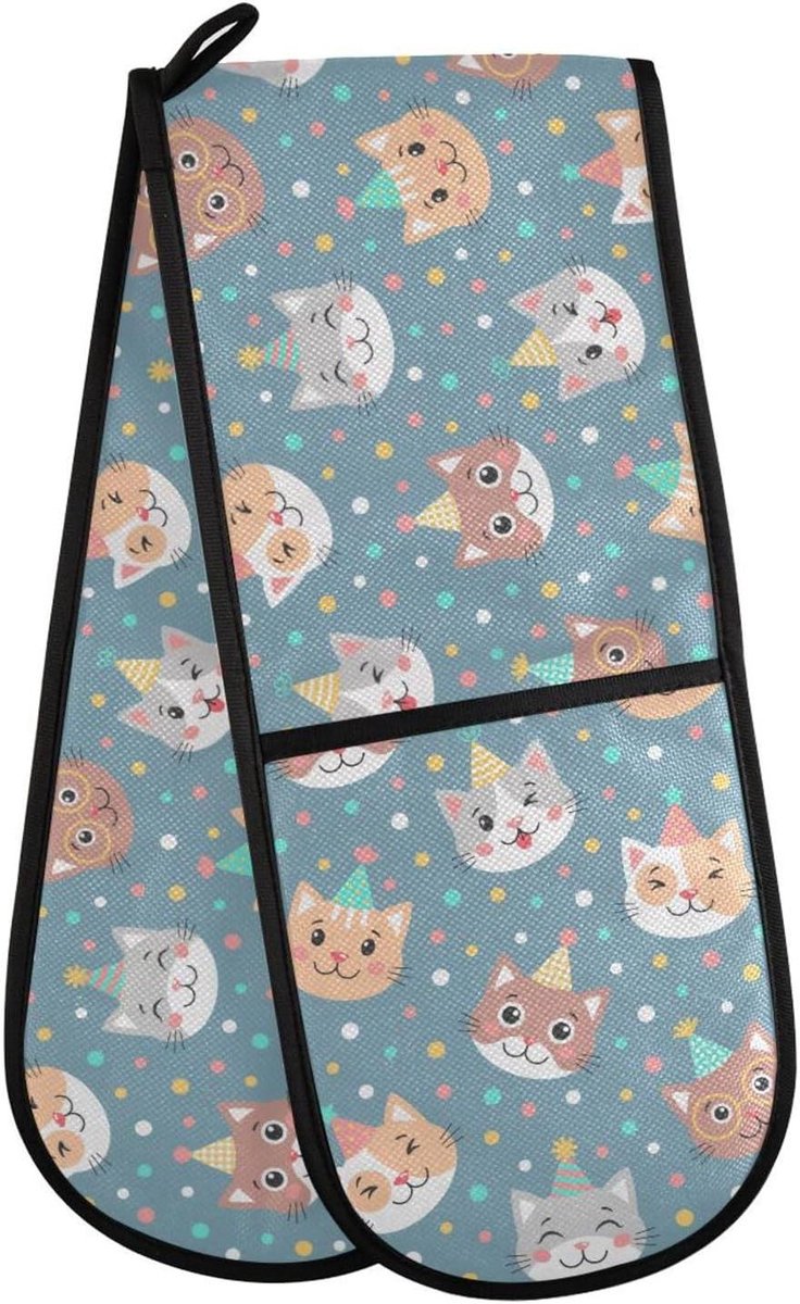 Dubbele Ovenwanten - Keukenhandschoenen Hittebestendig - Veilig Bakken - Extra Lange Bescherming - 35 Inch - Kattenprint