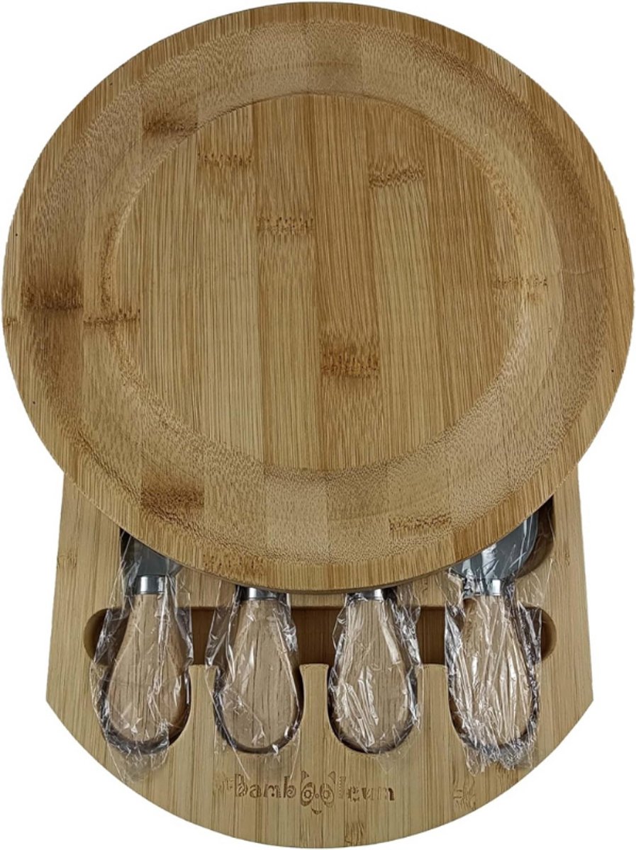 Ronde Bamboe Kaasplank Met Vier Messen Set In Magnetische Gesloten Lades — cadeau in Kookcadeaus - foto 2