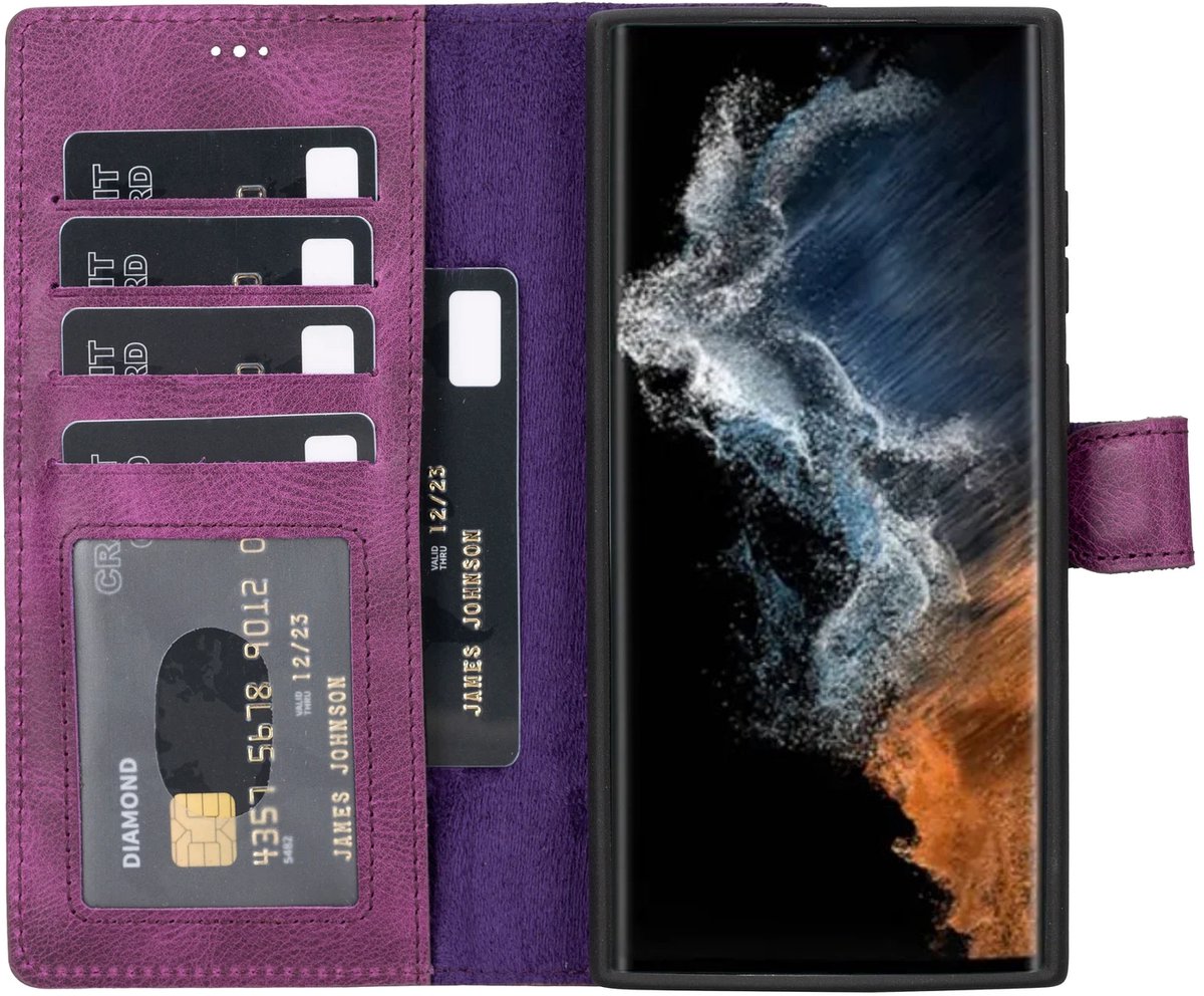 Lykke Samsung Galaxy S25 Hoesje- Echt Leren Wallet Case met MagSafe -Pasjeshouder- Uitneembare Backcover - Paars