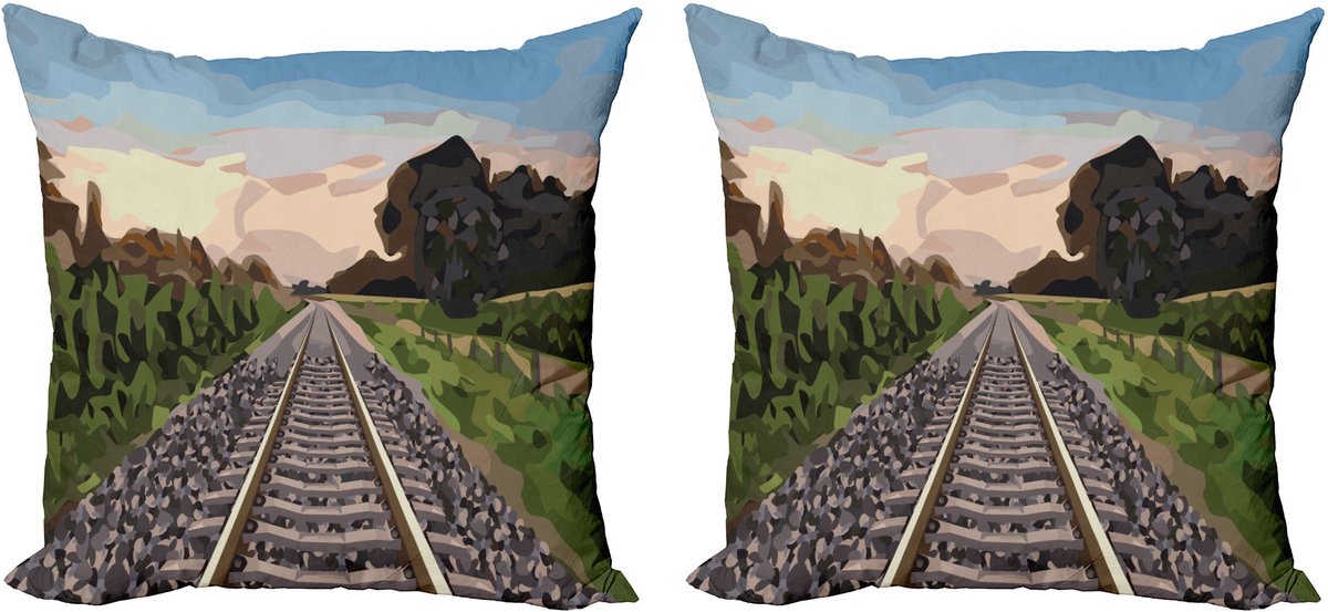 ABAKUHAUS Decoratieve kussenhoes met spoorwegmotief, 2 stuks, stenen en spoorrails, moderne accentprint, dubbelzijdig digitaal, 40x40 cm, meerkleurig