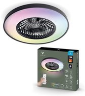 Zwarte plafondventilatorlamp met ronde LED-verlichting in regenboogkleuren, met afstandsbediening en verpakking.