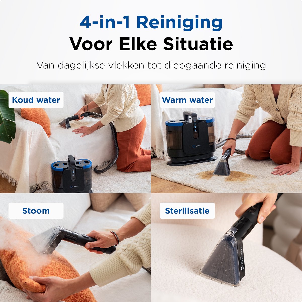 Qclean® Tapijtreiniger PRO - 4-in-1 Vlekkenreiniger Met Stoomfunctie - Zelfreinigend - Tapijtreiniger Stofzuiger- Zetelreiniger Stoomreiniger- Bank reiniger- Reinigingsmachine- Matrasreiniger - Waterstofzuiger - Incl. Schoonmaakmiddel — afbeelding 5