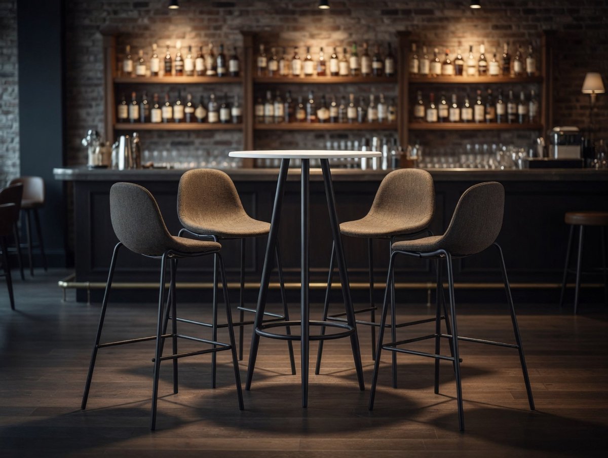 5-Delige Moderne Barset Donkergrijs - Bartafel MDF + 4 Barkrukken Stof met Rugleuning - Gepoedercoat Staal Frame - Voor Woning, Tuin & Horeca - Ganeey