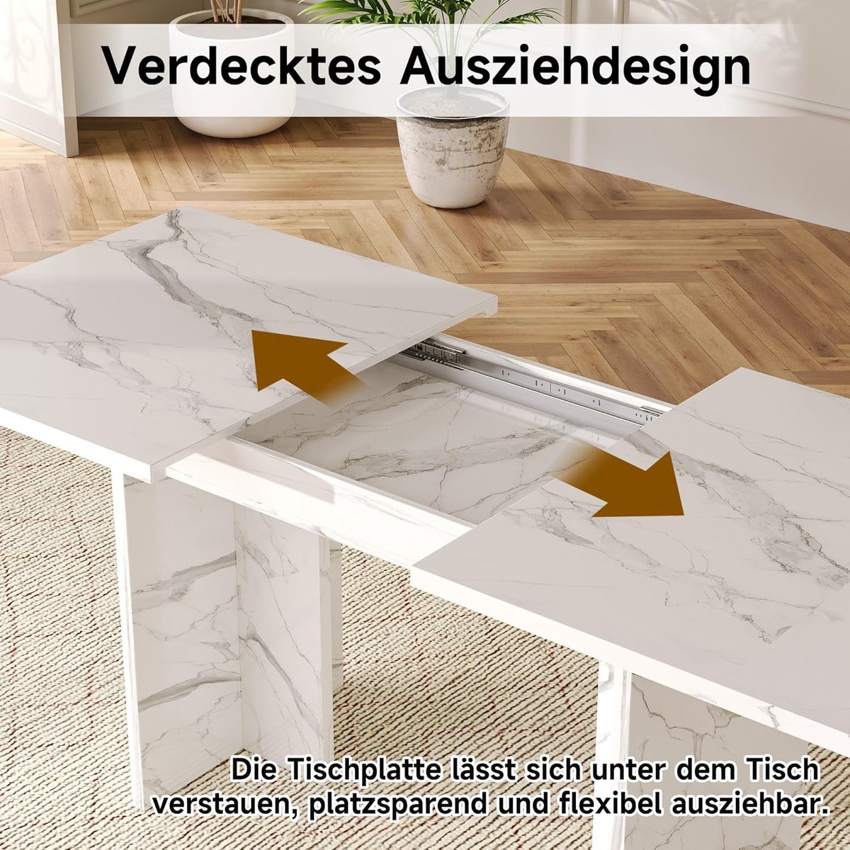 Extendable Dining Table, 140/180 x 80 cm, for 6-8 People, Thickened Table Top, Table for Dining Room, Kitchen, Living Room, White Marble