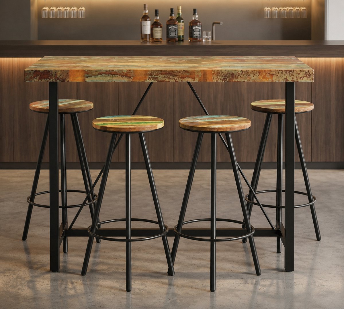 Industriële Barset van Massief Gerecycled Hout en Staal – Bartafel 120x60x107 cm met Barkrukken – 3/5/7-delige Keuken- en Barset – Teakhouten Vintage Look – Ganeey