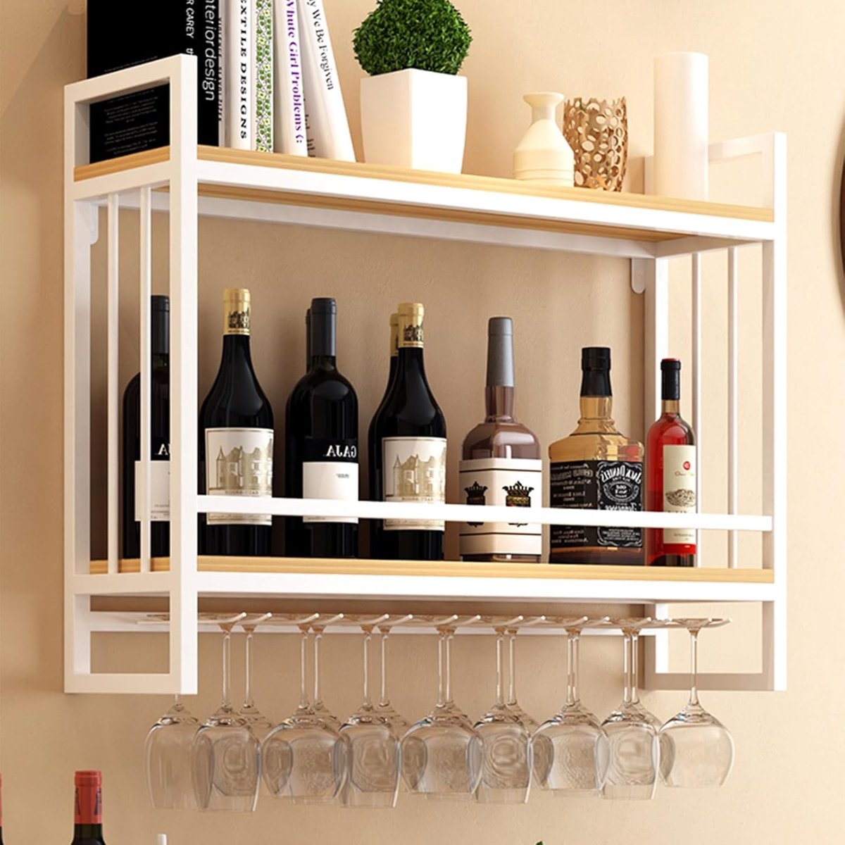 Wandgemonteerd Wijnrek / Bar Unit 60/80/100 x 20 x 52 cm – Floating Shelves met Wijnglashouder en Flessenopslag – Industrieel Wandrek voor Woonkamer, Keuken en Bar – HomebyNicole