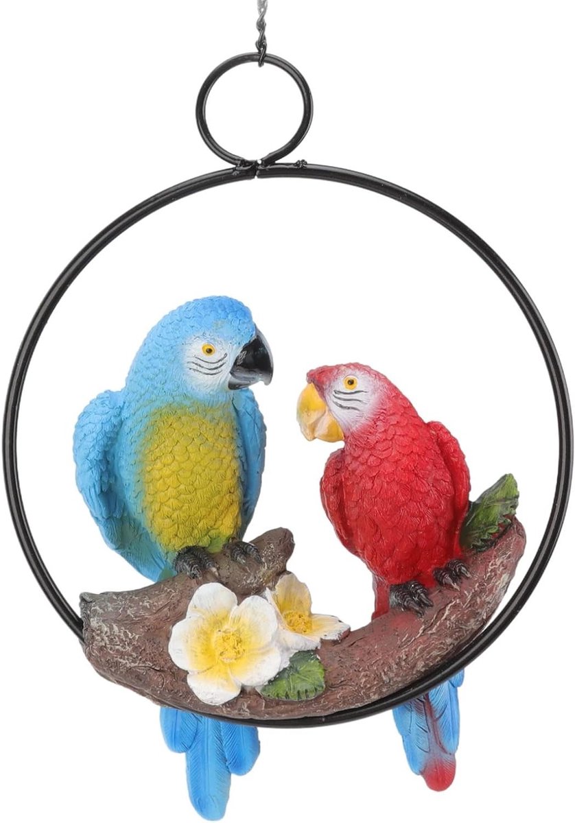 Allecta - Hangende ijzeren ring papegaai decoratie, vogel figuur sculptuur, hars simulatie ornament beeldje 40 cm, ara lucht vogels ambachtelijke wanddecoratie