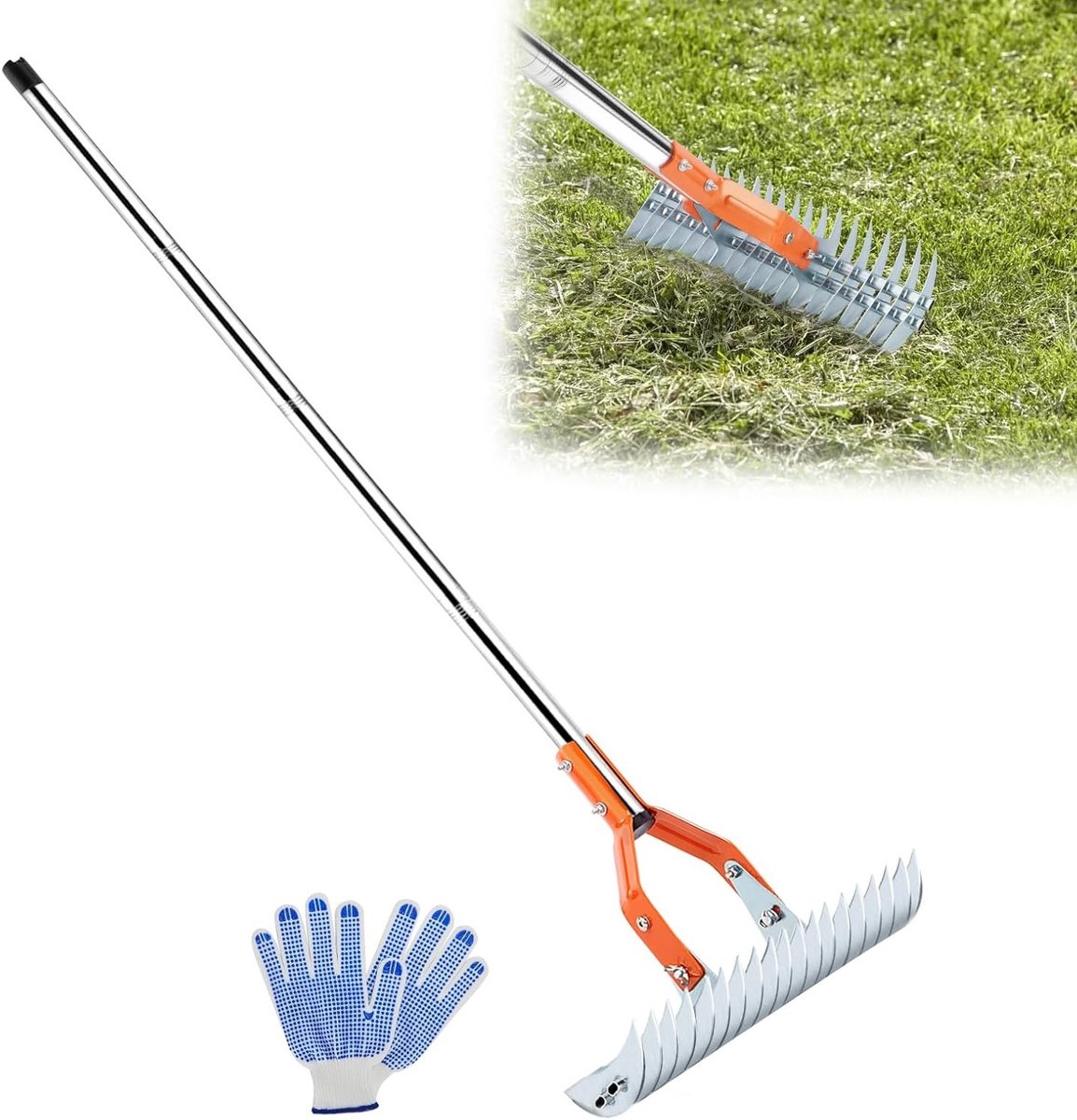 Krachtige 15 Inch Grasmaaier Hark met Handschoenen, 162cm Veelzijdige Hark voor Verdord Gras, Tuinonderhoud en Grondreiniging