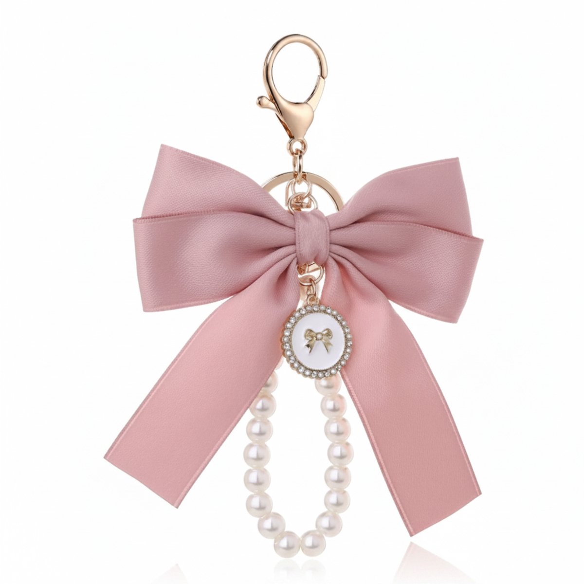 Luxe Strik Sleutelhanger met Parel Armband – Roze Satijnen Strik met Gouden Details & Bedel – Cadeau voor Vrouwen – Auto Sleutelhanger Dames