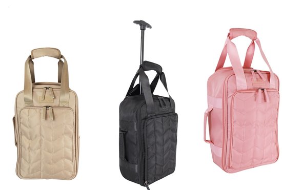 Drie Bordlite trolleys: beige, zwart en roze. Allemaal met visgraatpatroon en draagbanden.