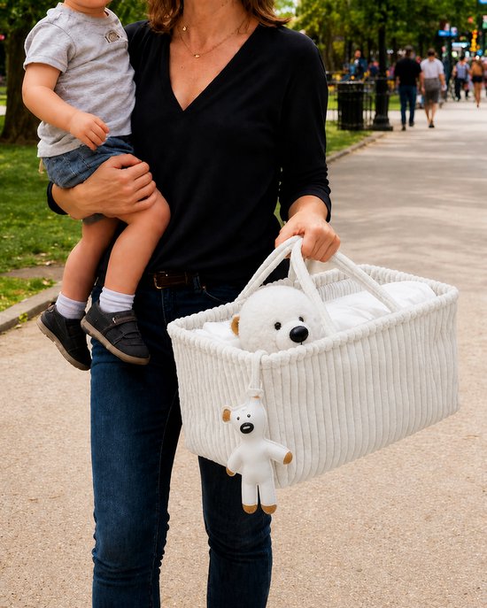 Opvouwbare Luiertas Organizer Bruin - Corduroy Luiermand met Vakken en Verdelers - Baby Opbergmand voor Luiers, Doekjes en Accessoires - Draagbare Nursery Caddy - Wit van Merkloos — afbeelding 3