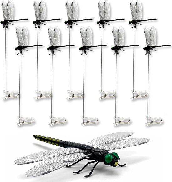 Tien 3D-libellen met clips, realistisch groen met zwarte en gele details, decoratie voor buiten.