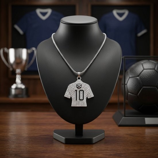 Zilverkleurige voetbalshirt hanger, nummer 10, bezet met strass, aan schakelketting op display.
