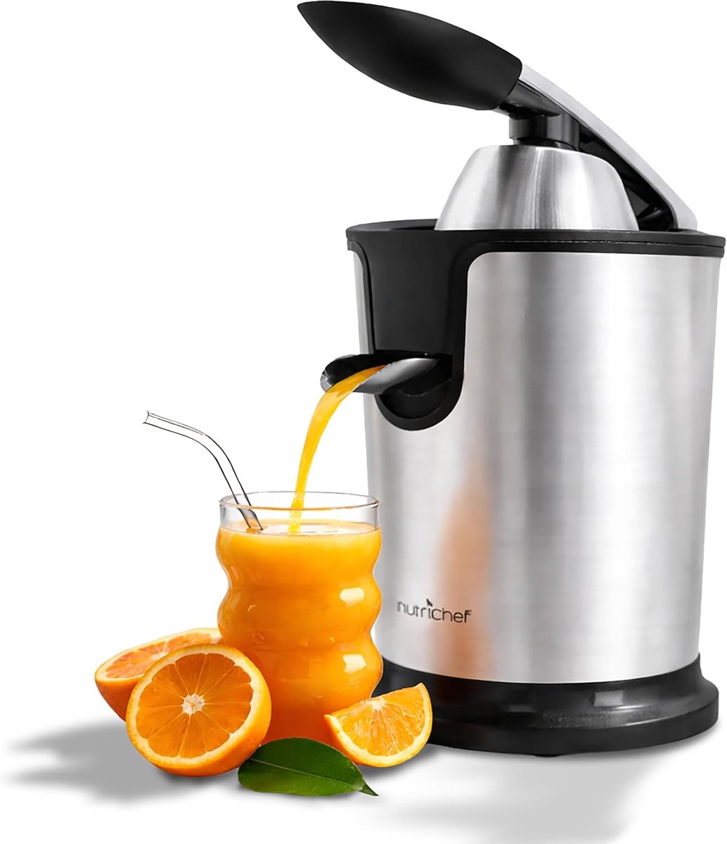 Nutrichef Elektrische Citrus Juicer - Sinaasappelpers Elektrisch - 160 Watt - Handmatige Pershendel, Verstelbaar Vliesfilter - RVS Zilver