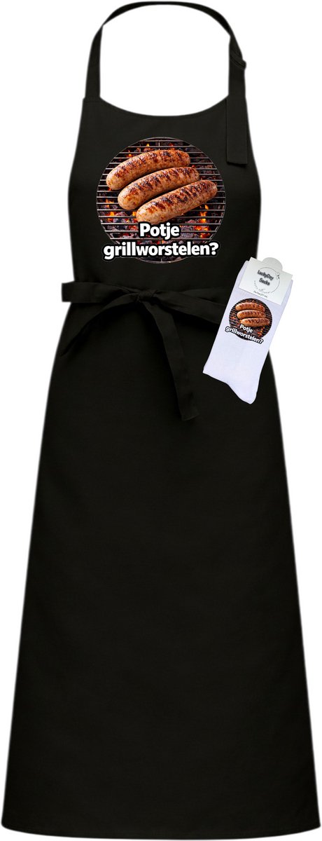 Luxe Hobby Keukenschort en sokken met tekst - Cadeau set - Grillworstelen - Pensioen cadeau - Zwart - Verstelbaar - Cadeau idee - Verjaardag cadeau - Cadeau dames en heren - Moederdag - Vaderdag - Afscheid - Kerst cadeau - Grappig cadeau - Onesize