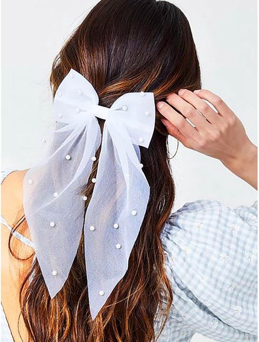 Bruidshaar strik - Haarclip parels - Bruiloft decoratie - Met subtiele parels - 50cm lang - Wit
