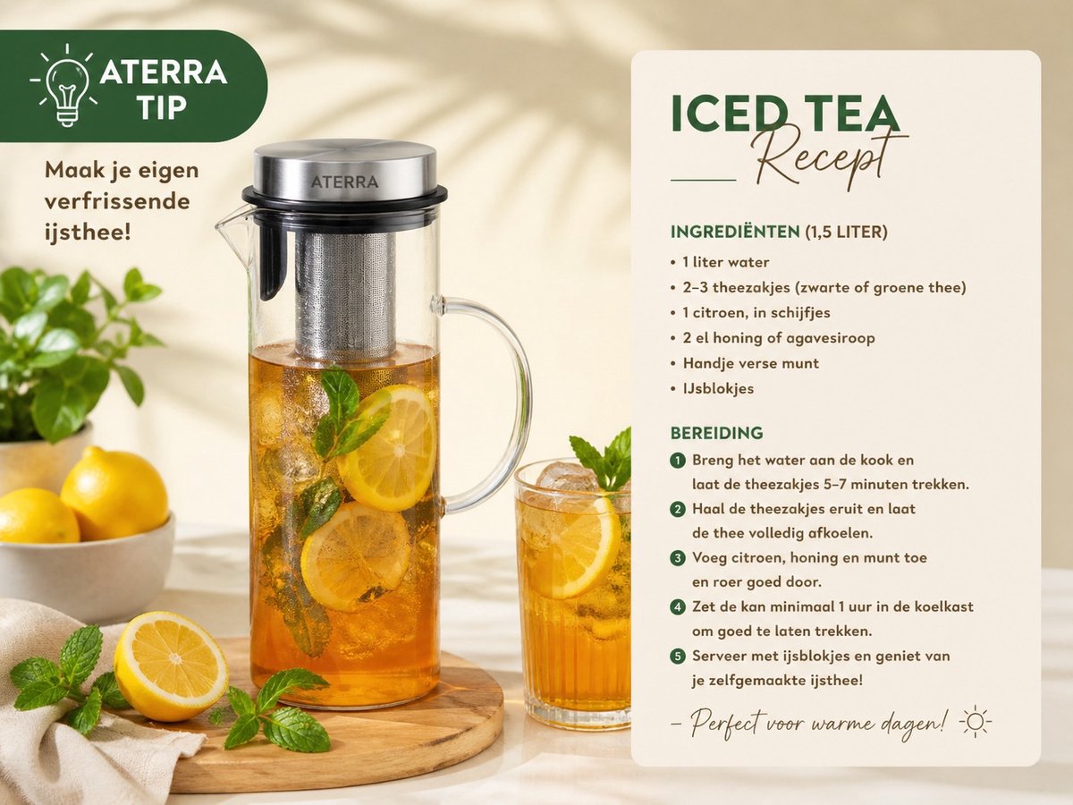 Aterra Waterkan Glas 1,5L met RVS Infuser (Karaf) - Borosilicaatglas - Hittebestendig - Losse Thee, Cold Brew & Fruitwater - BPA-vrij - Druppelvrij - Vaatwasmachinebestendig - Past in Koelkast — afbeelding 2