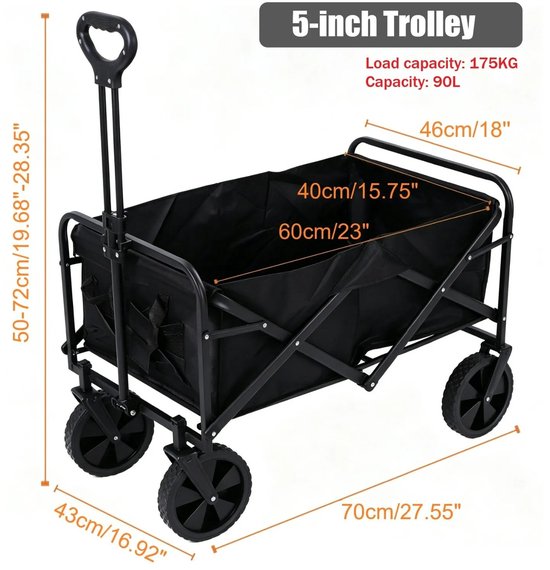 Innovastore Bolderkar - Bolderkar opvouwbaar - Bolderwagen - tot 150kg draagvermogen - met verstelbare trekstang - zwart van Merkloos — afbeelding 4