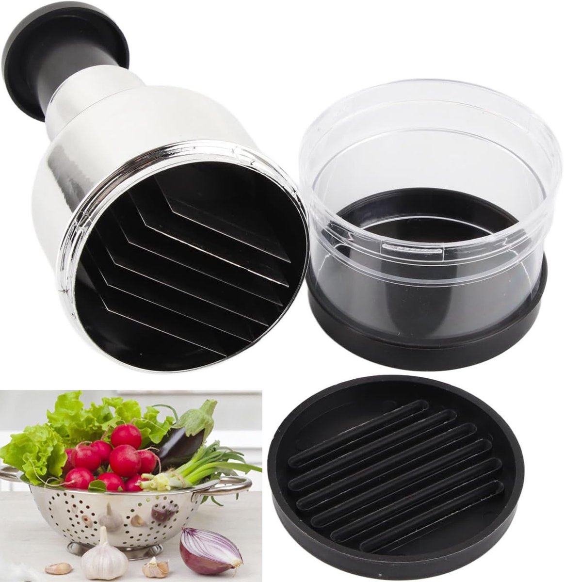 Handmatige Hakmolen - RVS - Ui en Knoflook Snijder - Hakker met Drukknop - RVS Groentesnijder - Keukenhulp voor Uien, Groenten & Kruiden - Vaatwasserbestendig - Handmatige Food Processor - Zilver/Zwart