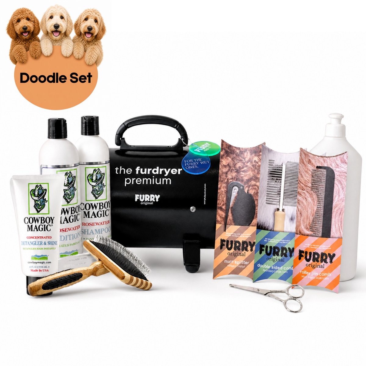 Furry Original® Verzorgingsset voor Doodle - Waterblazer & Hondenfohn met Geluidsdemper - Cowboy Magic Honden Shampoo, Conditioner & Detangler + Mengfles - Bass Slickerborstel - Ogen & Potenschaar klein, 2 Kammen en Ontklitmesje Hond