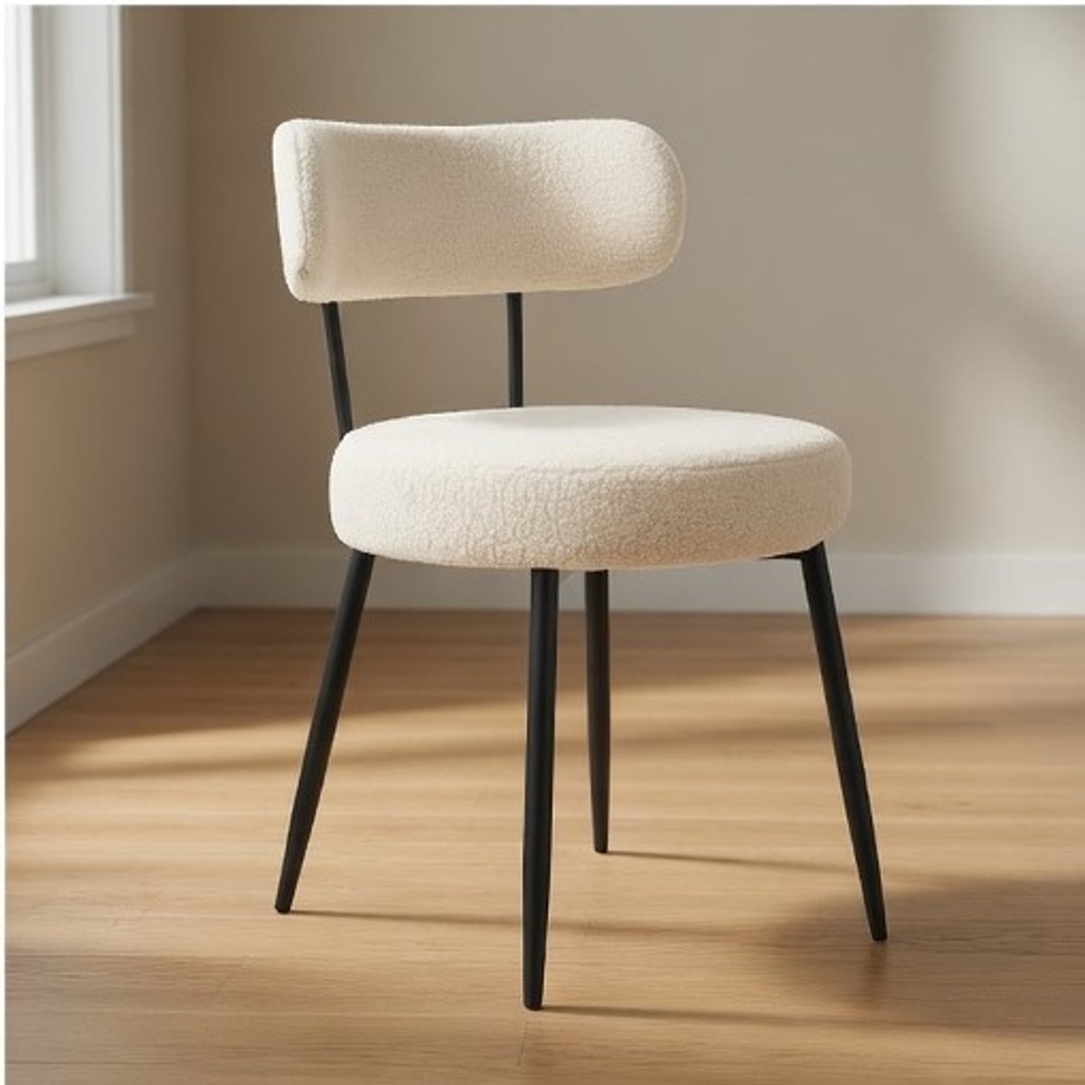 Luxe Teddy Bouclé Eetkamerstoelen Set van 2 – Ergonomisch Mid-Century Scandinavisch Design – Beige, Zonder Armleuning, Met Binnenvering & Metalen Frame – Ganeey