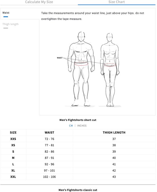 Maattabel voor heren boksbroeken met taille- en dijlengtemetingen.