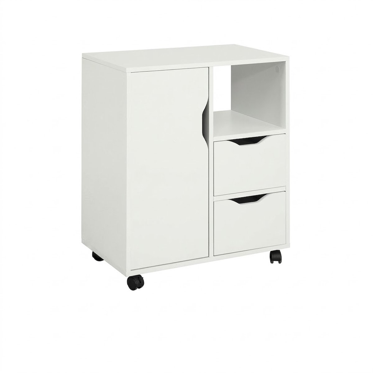 Solvix Opbergkast – Opbergkasten met Deuren – Kast – Printertafel met Wielen – 2 Lades en 1 Deur – Bureaukast – 60×35×70 cm – Wit