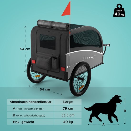 Afmetingen van de hondenfietskar: 54x80x54 cm, max. 40 kg, max. schouderhoogte 53,5 cm.