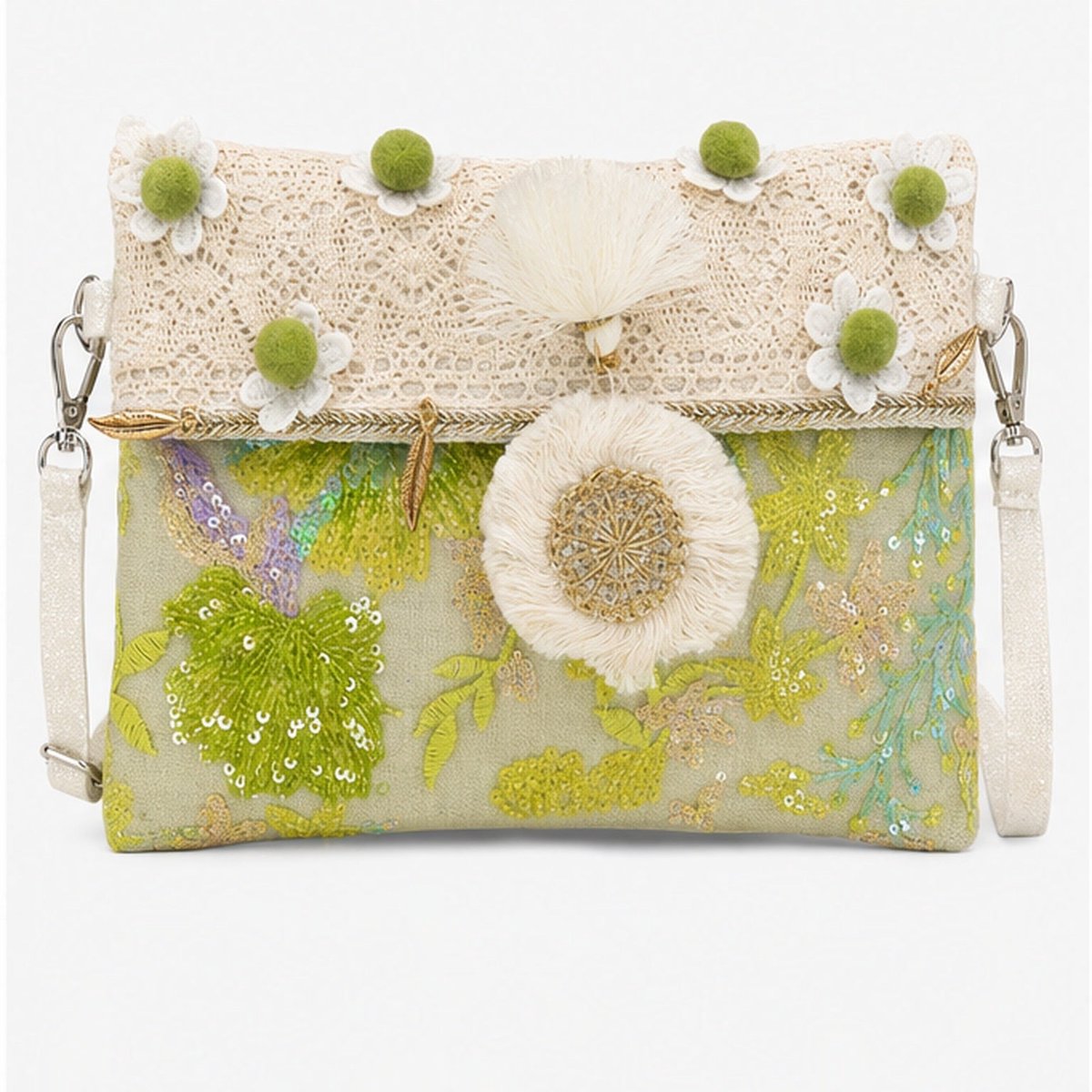 HS Crossbody Tas - Meerdere Uitvoeringen - Lime Bloemen Borduursel