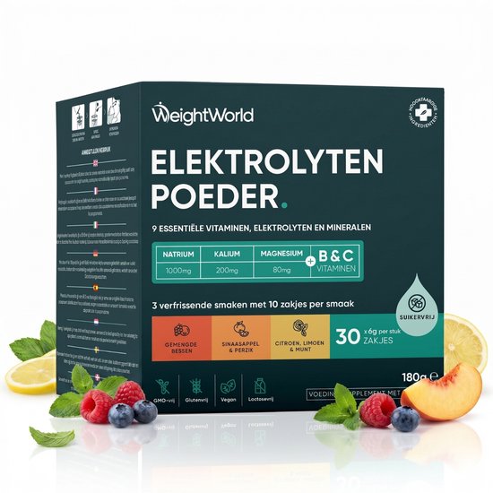 Doos met WeightWorld elektrolytenpoeder, met 30 zakjes in de smaken gemengde bessen, sinaasappel & perzik en citroen, limoen & munt. Inclusief informatie over ingrediënten en voordelen.