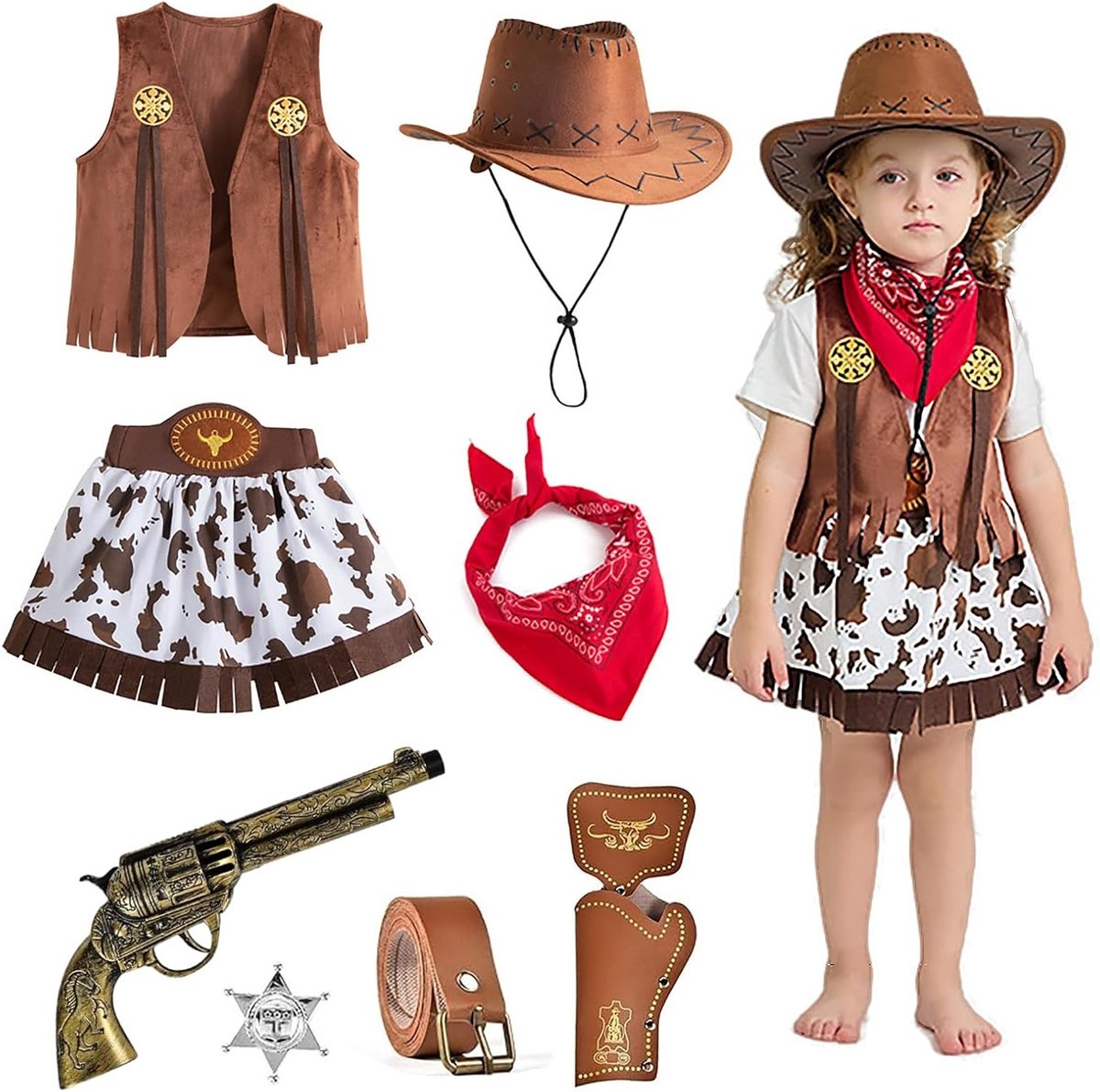 Cowboy Kostuum voor Meisjes met Accessoires - Cowgirl Outfit voor Carnaval, Halloween en Feestjes
