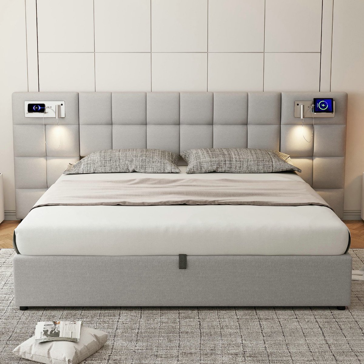 VVBV Gestoffeerd Opbergbed 180x200 cm - USB, Hydraulische Opbergruimte en Draadloos Laden,