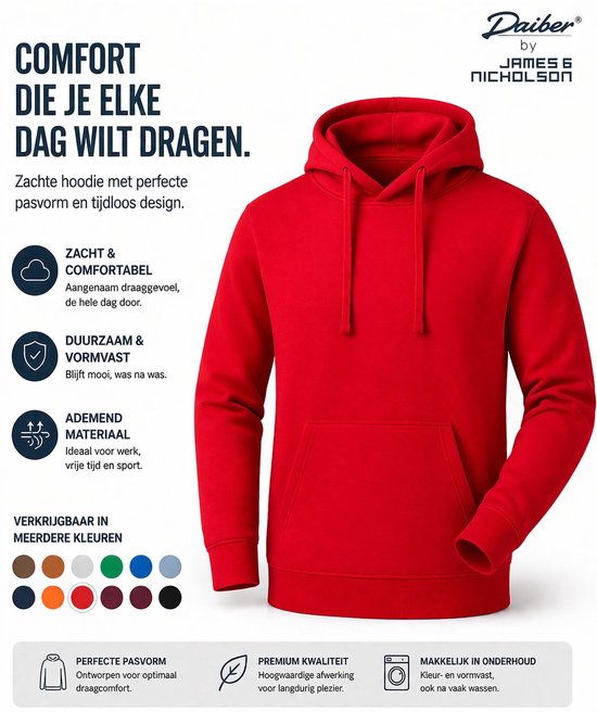 Rode hoodie van Daiber by James & Nicholson, met tekst over comfort en duurzaamheid