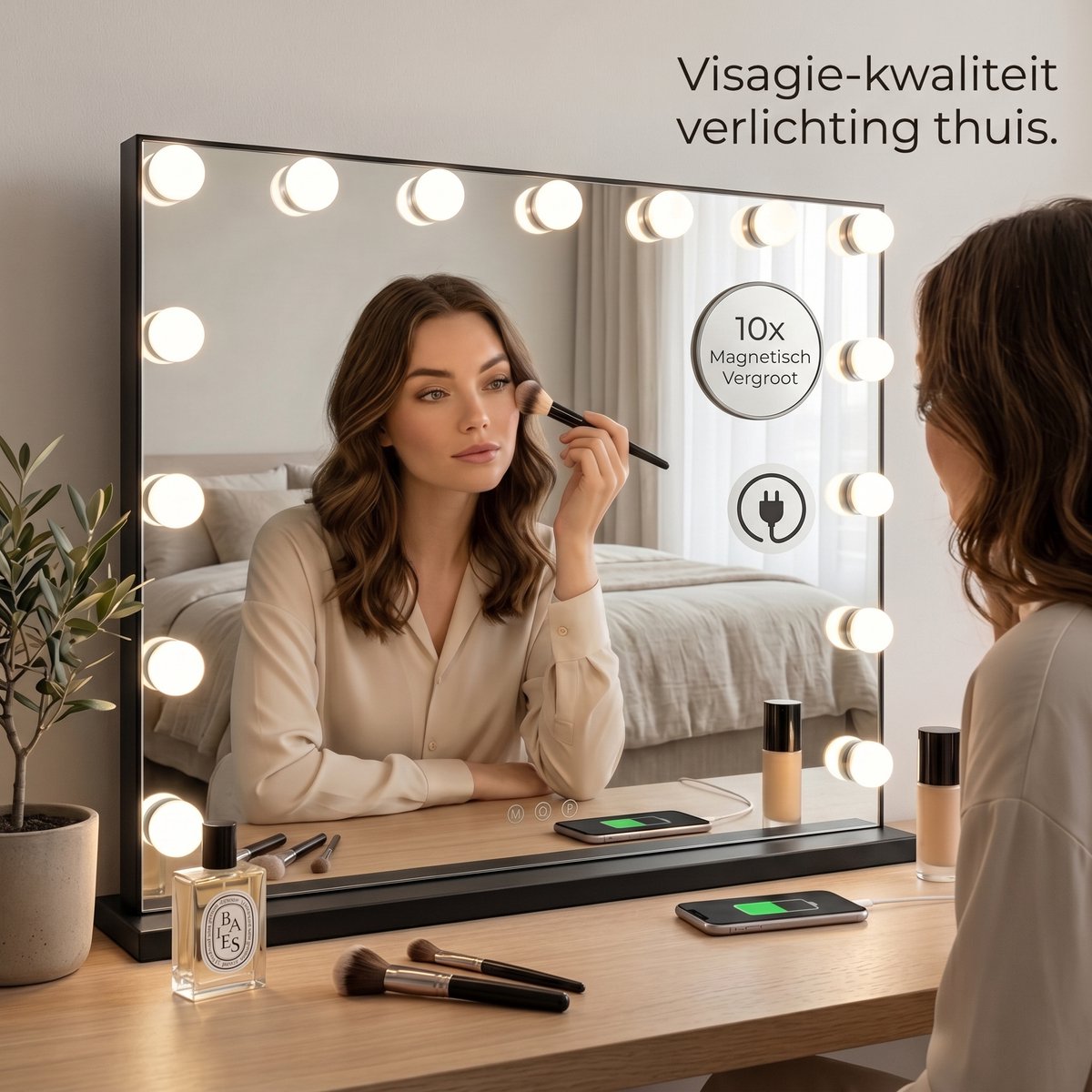 OMNIEXA Hollywood Spiegel – 58×46cm - 3 lichtkleuren - Dimbaar – 10x vergroting – USB-C/USB-A - 15 lampen - Smart touch - Make Up Spiegel - Visagie Spiegel – Vanity - Zwart