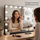 OMNIEXA Hollywood Spiegel 58×46cm – 15 LED Lampen – 3 Lichtkleuren – Dimbaar – 10x Vergroting – USB-C – Make Up Spiegel – Visagie Spiegel – Vanity – Zwart